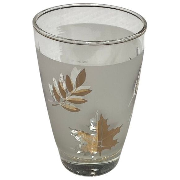 Vintage Other - Vintage Frosted Glass Tumbler with Gold & Silver Leaf Pattern Fall Autumn MCM